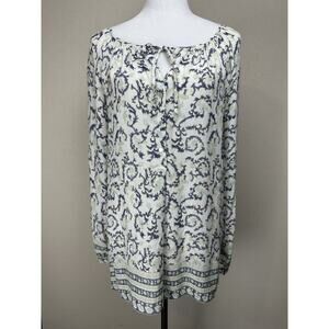 Lucky Brand Women’s Top Sz L Long Sleeve Tie Neck V-neck 1/4 Button Up Shirt